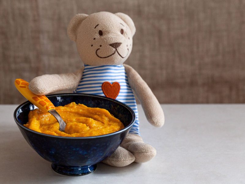 Teddybär neben einer Schüssel Babybrei