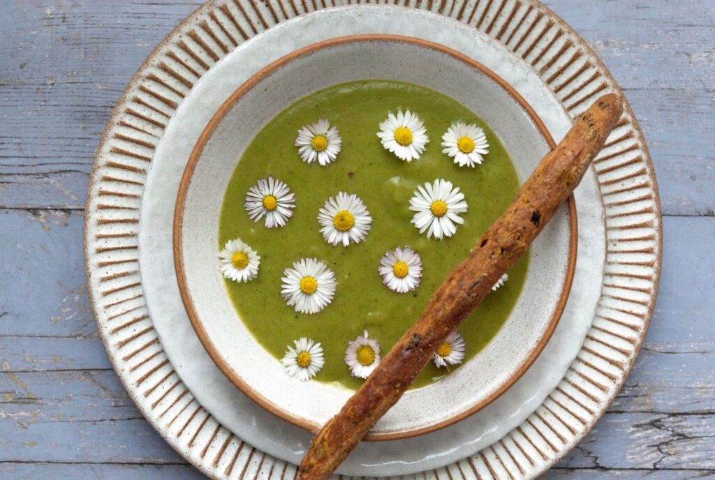 Brennnessel-Gänseblümchen-Suppe