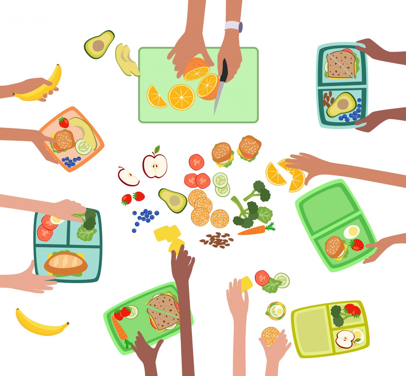 Jausenboxen, die mit Obst und Gemüse gefüllt werden