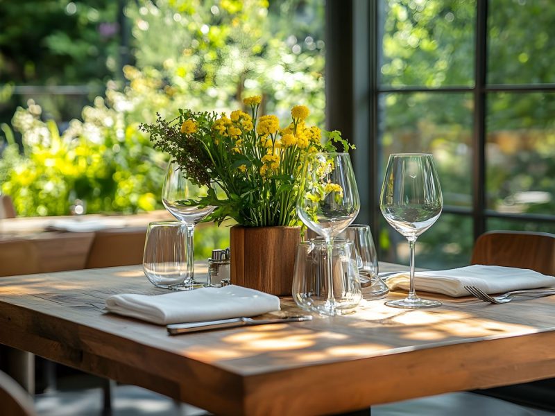 Gedeckter Holztisch mit gelben Blumen in der Mitte