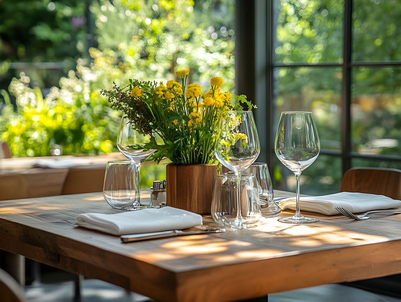 Gedeckter Holztisch mit gelben Blumen in der Mitte