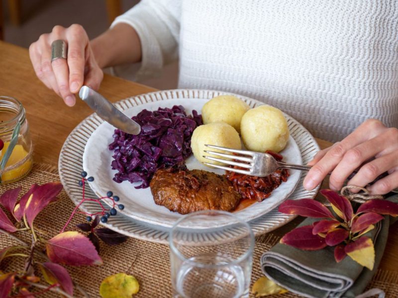 Veganes Gansl angerichtet mit Knödel und Rotkraut